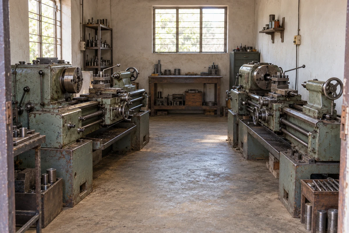 Illustrative reconstruction of a modest 1990s workshop with two manual lathes